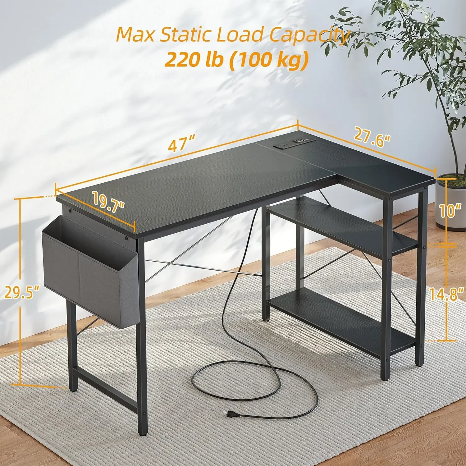 Mesa de computador em forma de L com tomadas elétricas, mesa de canto pequena de 47 polegadas com prateleiras reversíveis