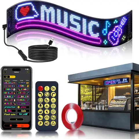USB Programmable Scrolling LED Sign with Bluetooth App Control, Waterproof Flexible Custom Matrix Panel Display for Car, Store