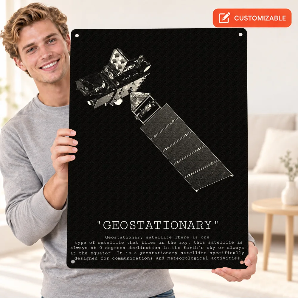 Geostationary Satellite Illustration Space Printed Poster Customized Aluminum Metal Sign Modern Wall Art For Bedroom Gift Idea