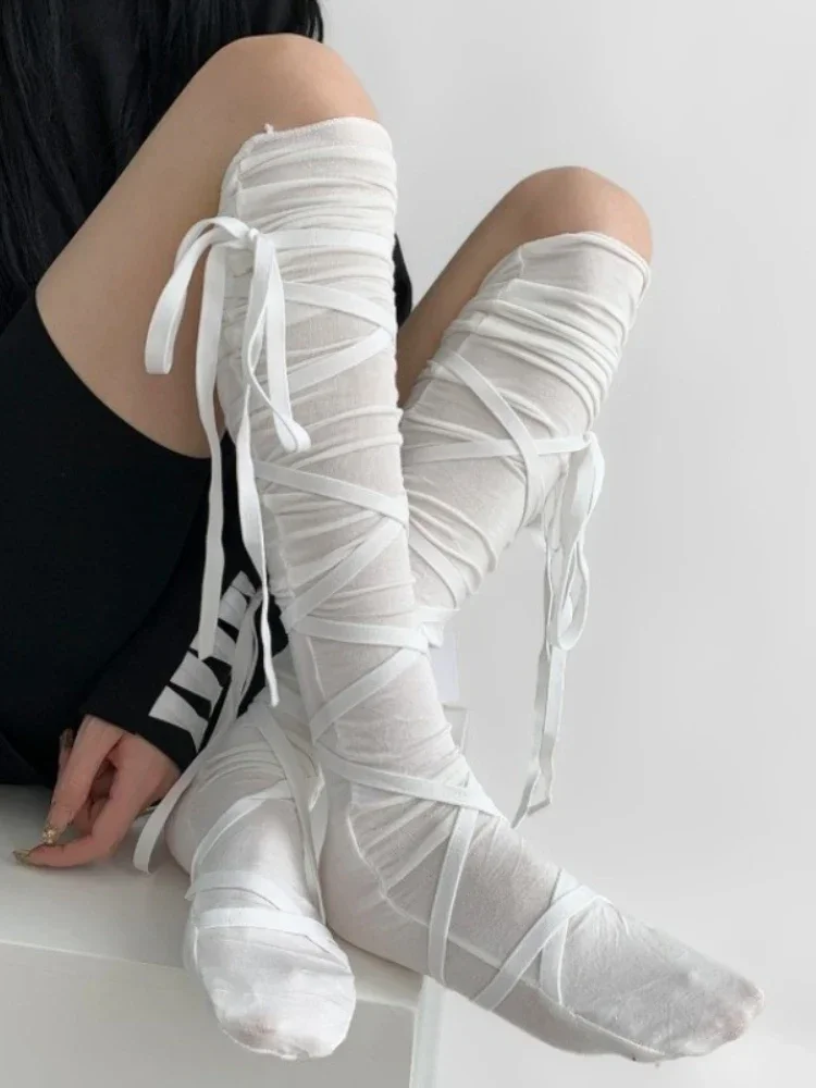 New White Designer Socks Women's Sheer Stockings Lolita Pile-up Socks Japanese Style JK Sweet Ballet Lace-up Bow Knee High Socks