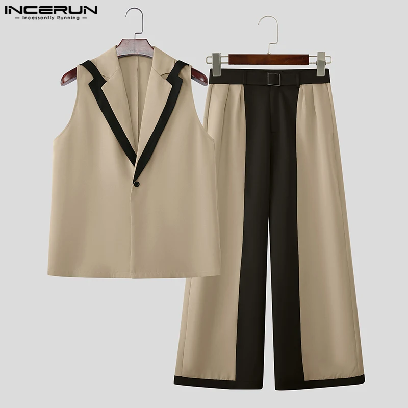 

INCERUN Men Sets Patchwork Color-block Lapel Sleeveless Vests & Wide Leg Pants 2PCS Streetwear Loose Fashion Men's Casual Suits