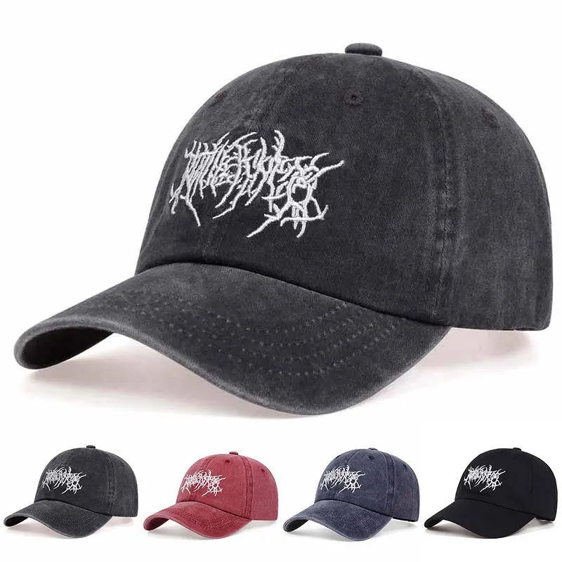 Visors Embroidery Baseball Caps Gothic Street Punk Hip-hop Distressed Faded Cap Adjustable Washed Baseball Hats