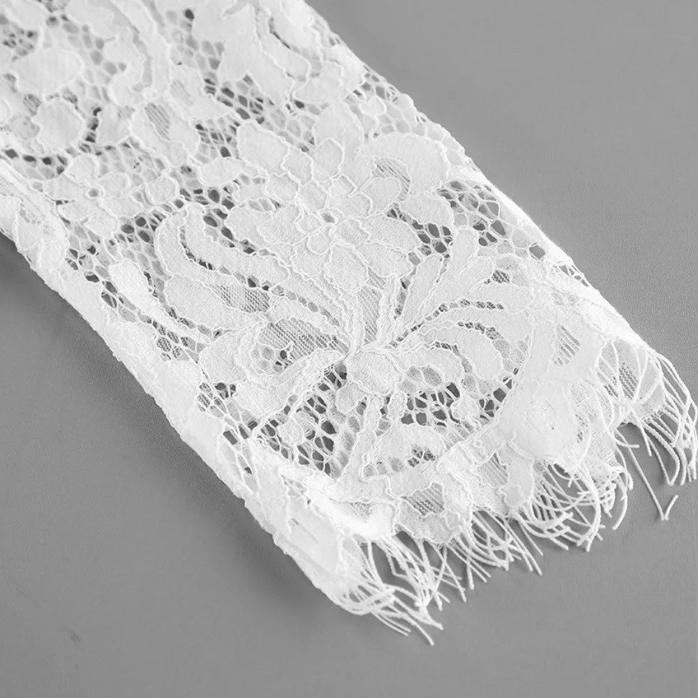 Solid White Color Floral Lace Blouse Floral Weave Sheer Lace Long Sleeve Top Slim Waist Front Button Closure