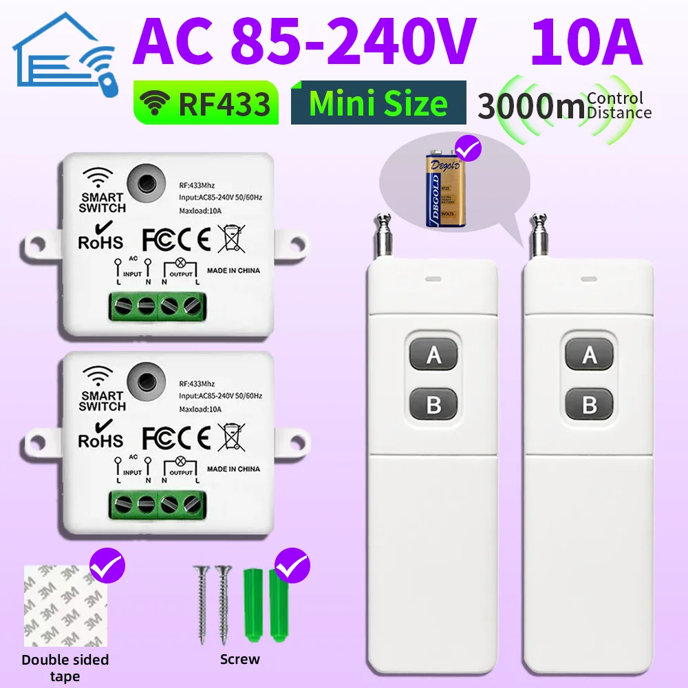 RF 433MHz Wireless Smart Remote Control Switch AC 85-240V 10A Equipped with an ultra-long-distance signal transmitter