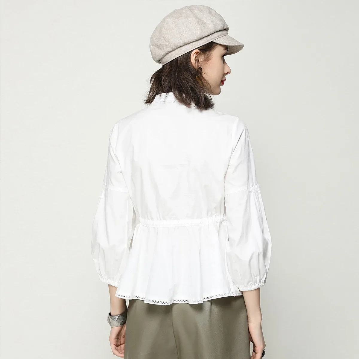 LOUIS YAO 2024 Lace Splicing Waist Shirt Spring and Autumn Commuter Stand Collar Lace Strap Style Lantern Sleeve Shirt for Women