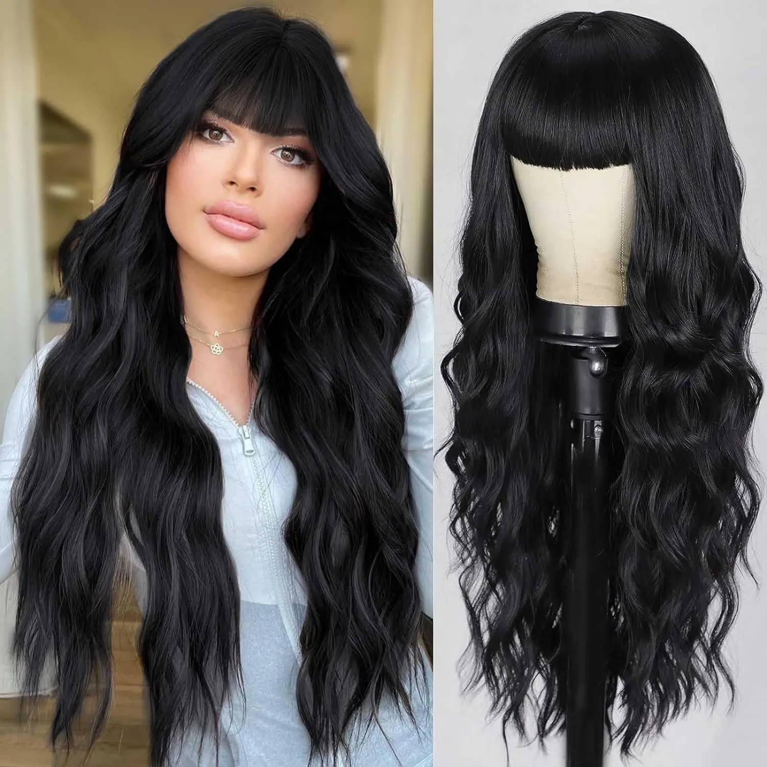 Body Wave Synthetic Long Curly Wig Blunt Bangs For Women Multiple Colors 28 Inch Large Wave Heat Resistant Fiber Wig Daily Party