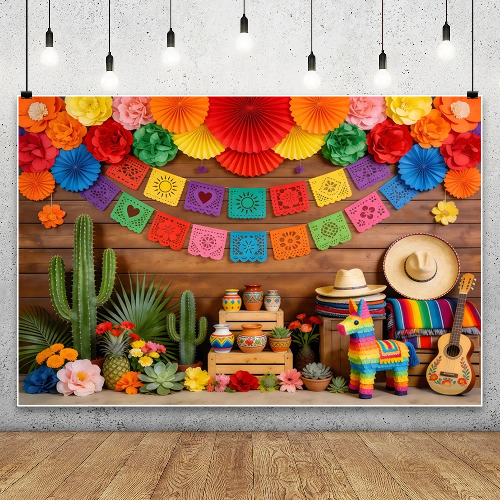 Mexico Fiesta Photography Backdrop Cactus Straw Hat Guitar Color Paper Cutting Adult Carnival Festival Party Photo Background