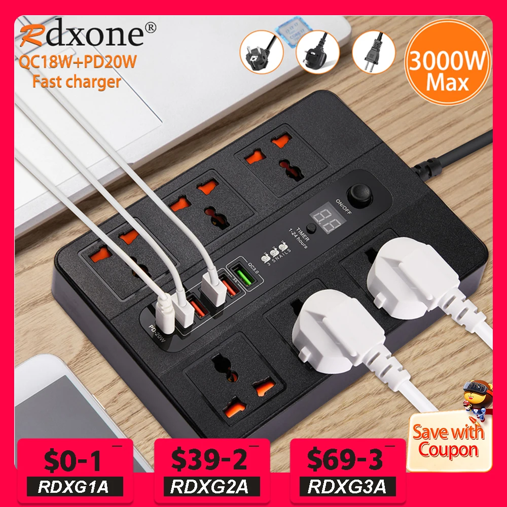 3000W 6 Universal AC jack Power Strip Surge Protector 2M Extension Socket Timed desktop socket With PD3.0 QC3.0 Fast USB Charger