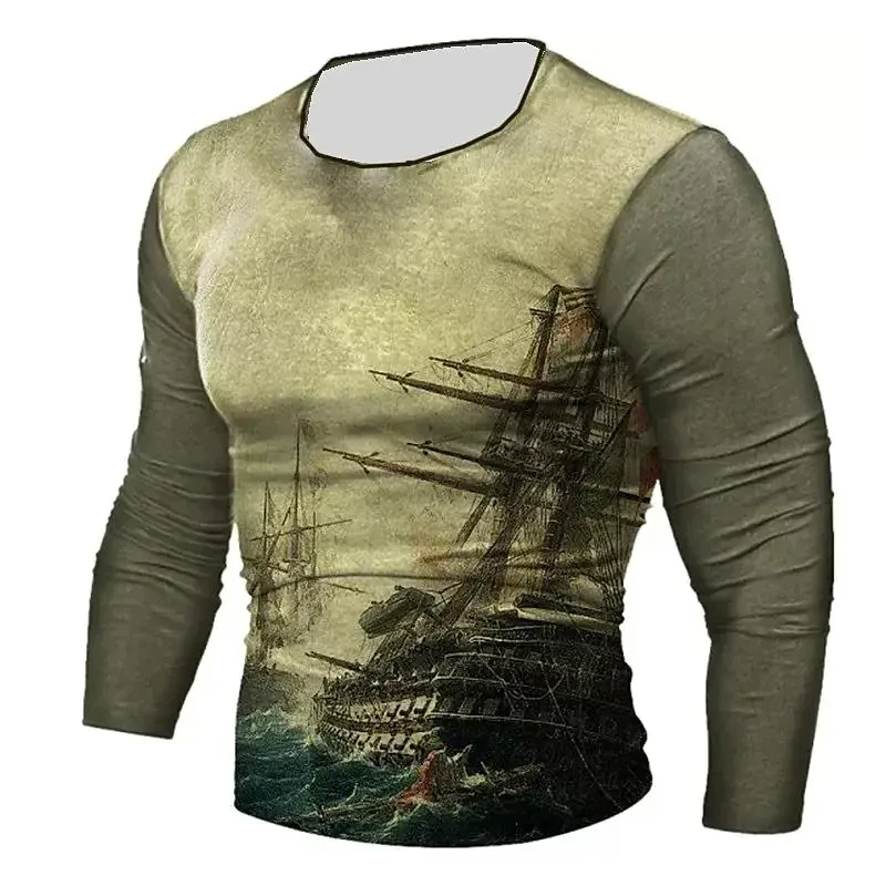 Compass informal-Camiseta de manga larga con cuello redondo para hombre, camisa con estampado 3D Vintage, Top de gran tamaño