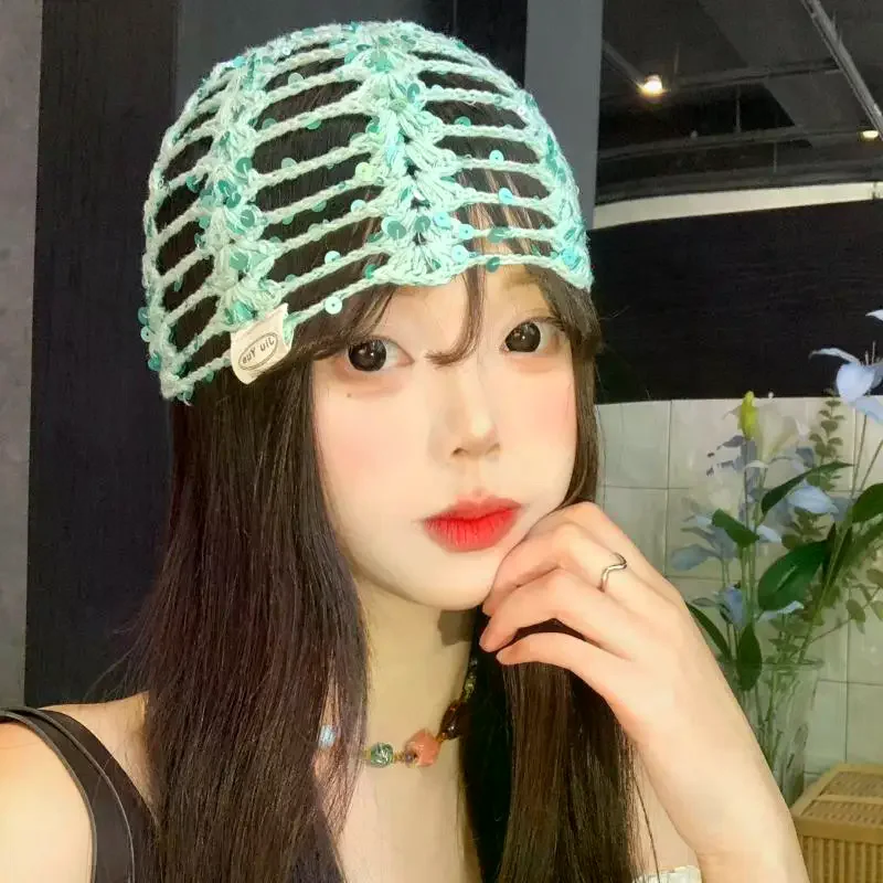 Sequined Hollow Crochet Beanie Women Summer Vintage Face Slim Knit Cap Triangle Scarf Multi Accessory