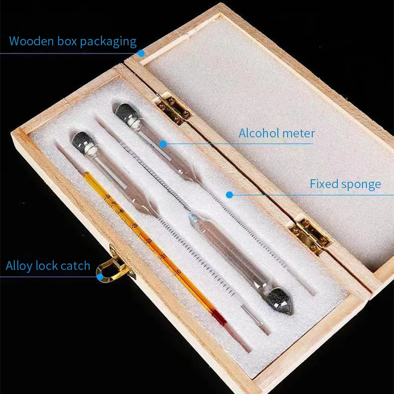 Compteur de Concentration d'Alcoomètre Précis, Ensemble d'Outils de Mesure de Vin, Vodka, Whisky, Hydromètre dans une Boîte en Bois