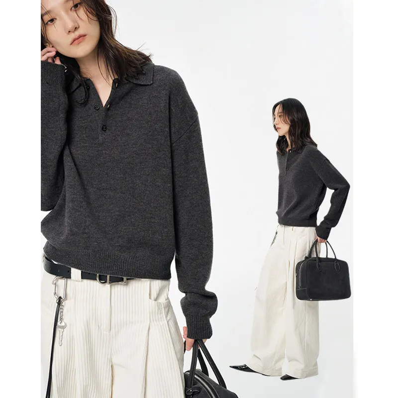 100% pure cashmere new Polo lapel pullover sweater in autumn and winter