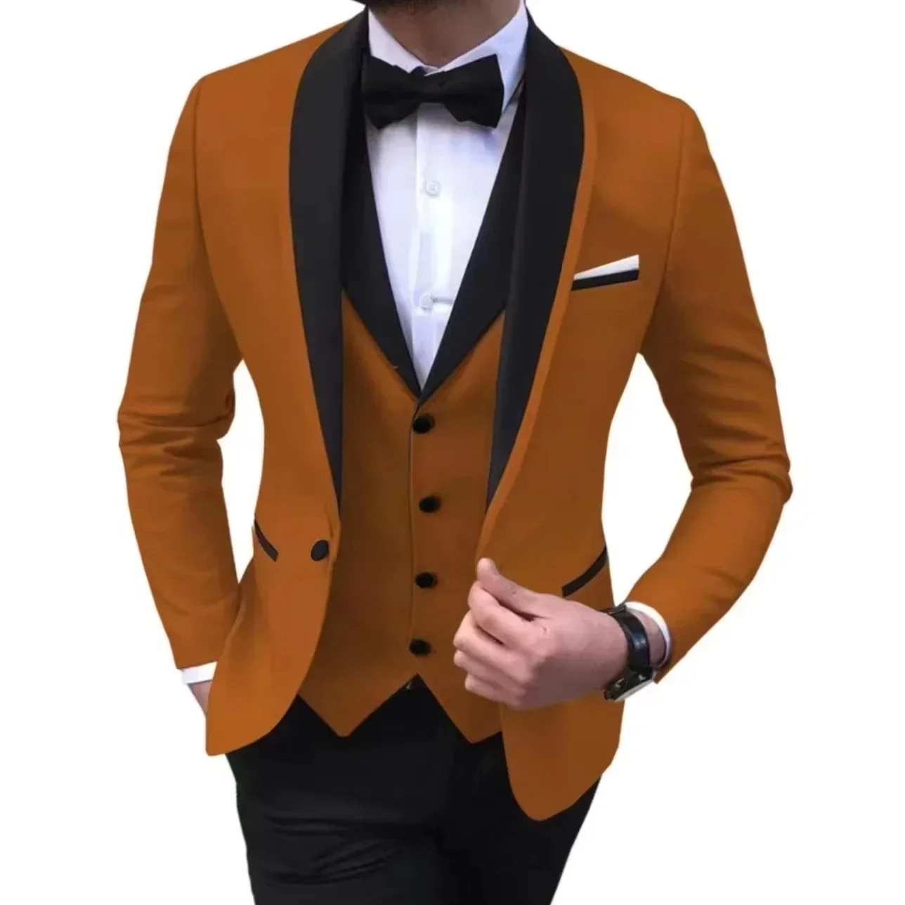 Setelan Jas Pria 3 Potong Kelas Atas, Blazer, Rompi, dan Celana, Kerah Lapel, Kancing Satu Baris, Modis dan Elegan