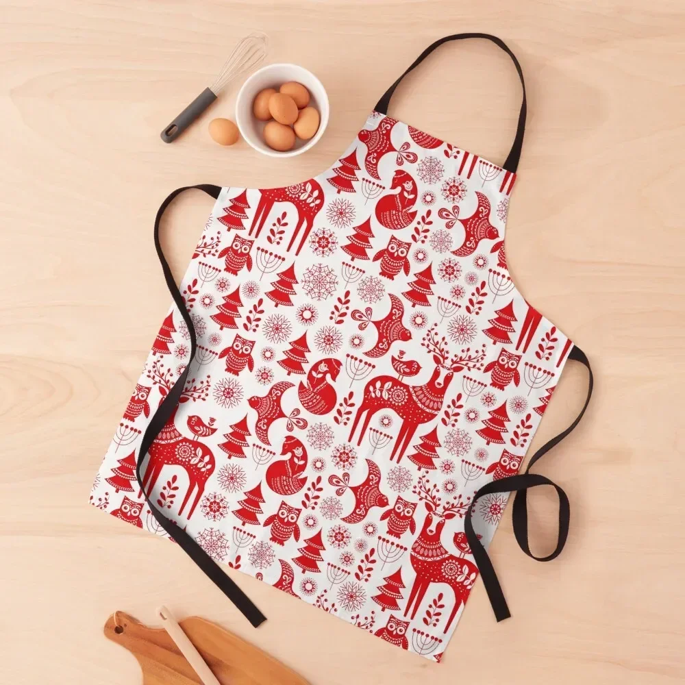 

Christmas seamless pattern with deer, owls, foxes, and birds in white and red. Scandinavian style. Folk art. Apron