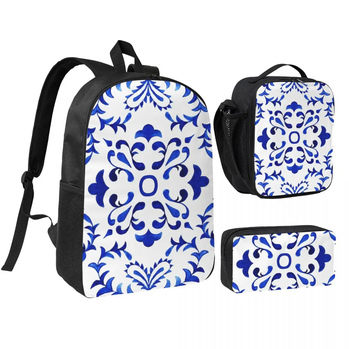 Azulejo Portuguese Tile Watercolor Artwork Backpack BookBag School Bag Computer Shoulder Bags 3ps Lunch Bag Pencil Case