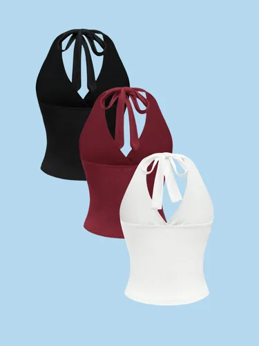 Imagen 2 del producto Top de chaleco con diseño de nicho y cuello halter con cintura plisada de 3 piezas para mujer