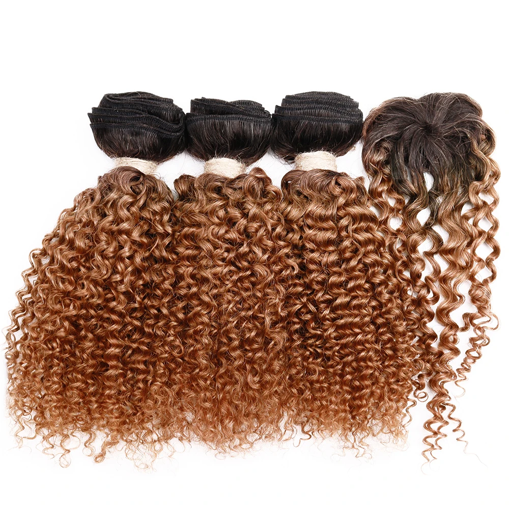 Ombre Kinky Curly Bundles With Closure Natural Human Hair Bundles Short Brazilian Hair Bundles With Circular Closure