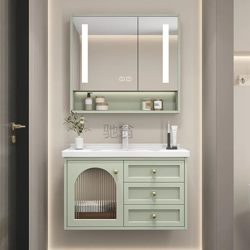 Oak lacquered bathroom cabinet, ceramic integrated basin, light luxury, simple hand washing, washbasin cabinet, powder room, sin