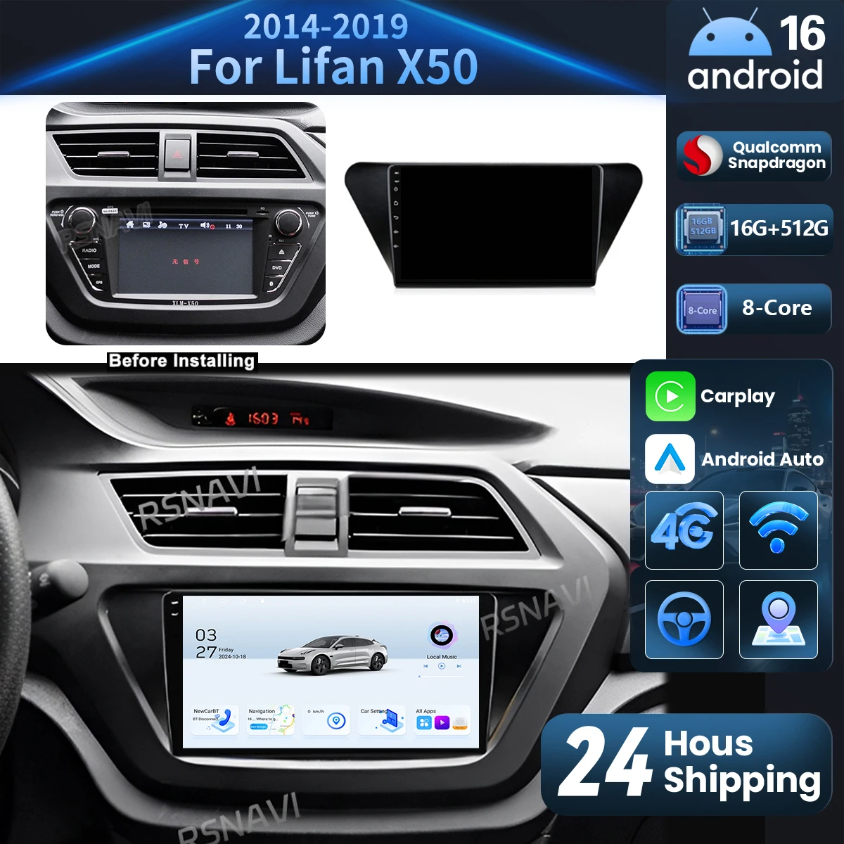 Android 16 wifi+4G Carplay Auto Car Radio For Lifan X50 2015-2019 Navigation GPS Video Stereo Multimedia Qualcomm 16G - 512G  BT