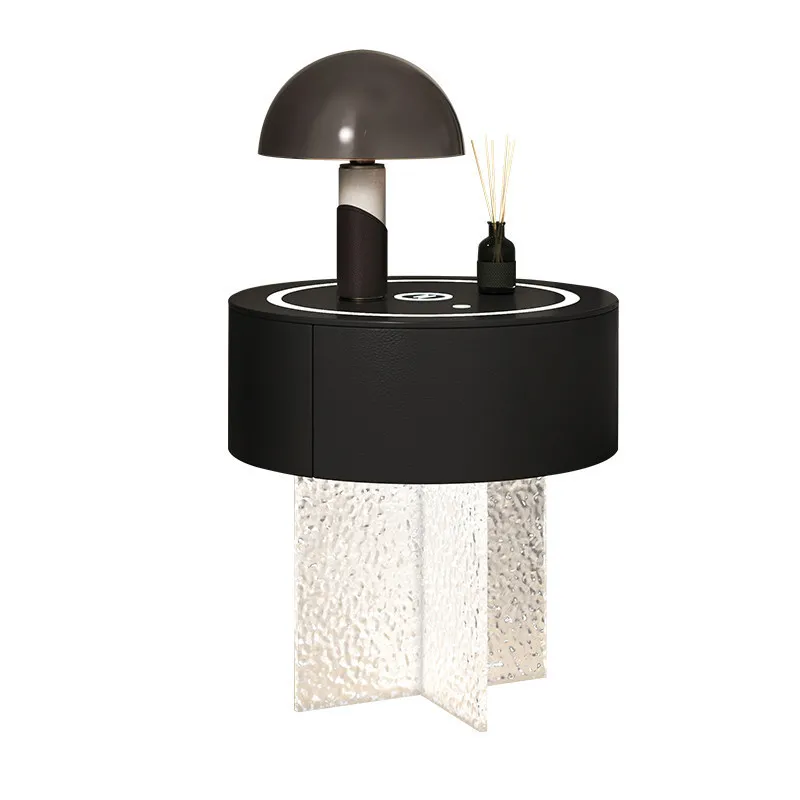 Smart three-color light wireless charging bedside table acrylic stone pattern Italian minimalist style solid wood bedroom