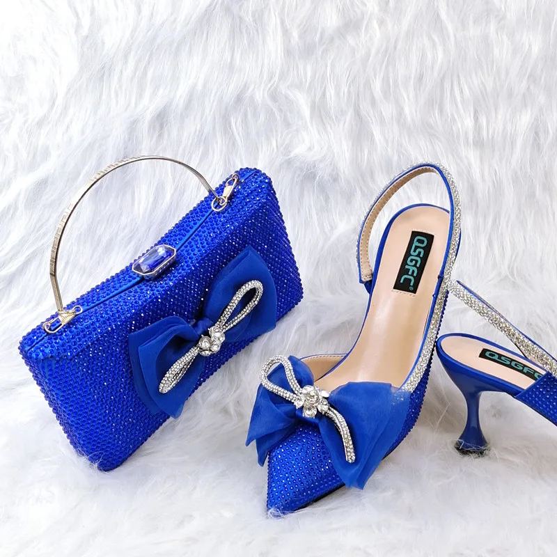 Latest African Women Shoes and Bag Set in Silver R.Blue Color 3 D PU New Design Italian Ladies Pumps for Garden Party