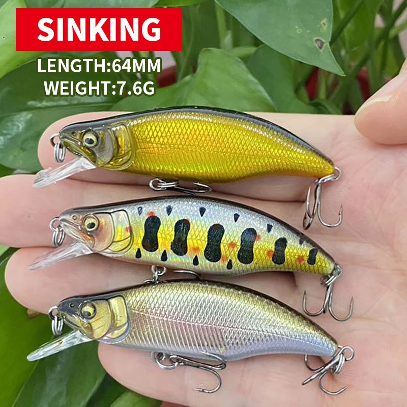 1Pcs 64mm 7.6g Minnow Lure Sinking Fishing Wobbler Lure Hard Bait Seabass Trout Fish Lure Pesca Fishing Tackle 9014