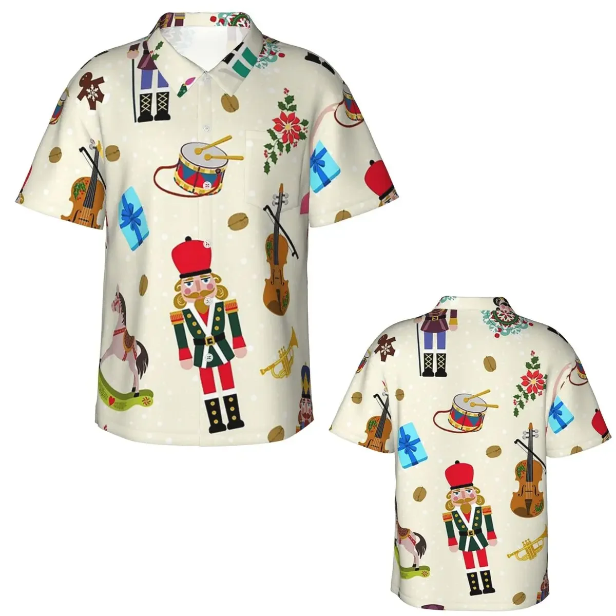 Christmas Day Xmas Nutcracker Hawaiian Shirts Fashion Men Short Sleeve Shirt for Summer Beach Men's Button Tops