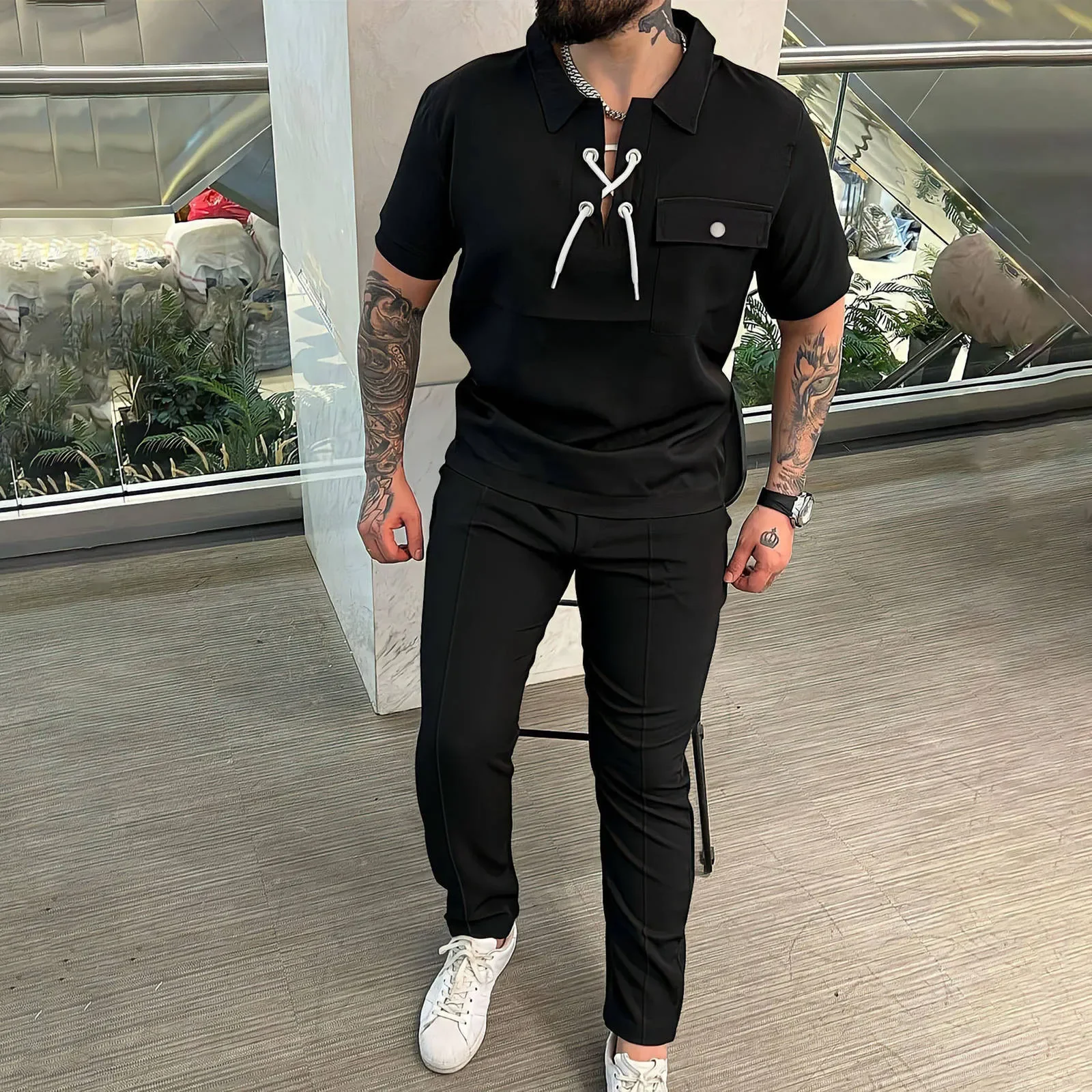 

New 2-Piece Set Solid Color Men's Suit 2023 Summer Casual Short Sleeve Polo Shirt Calf Pants &For Men Streetwear Male Tracksuit