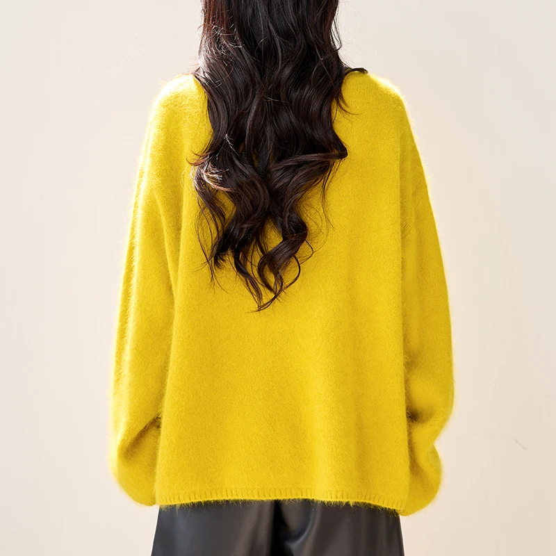 Suéter amarillo holgado informal de gran tamaño para mujer, jerséis suaves de manga larga, prendas de punto elegantes a la moda para Otoño e Invierno, Top de punto a la moda