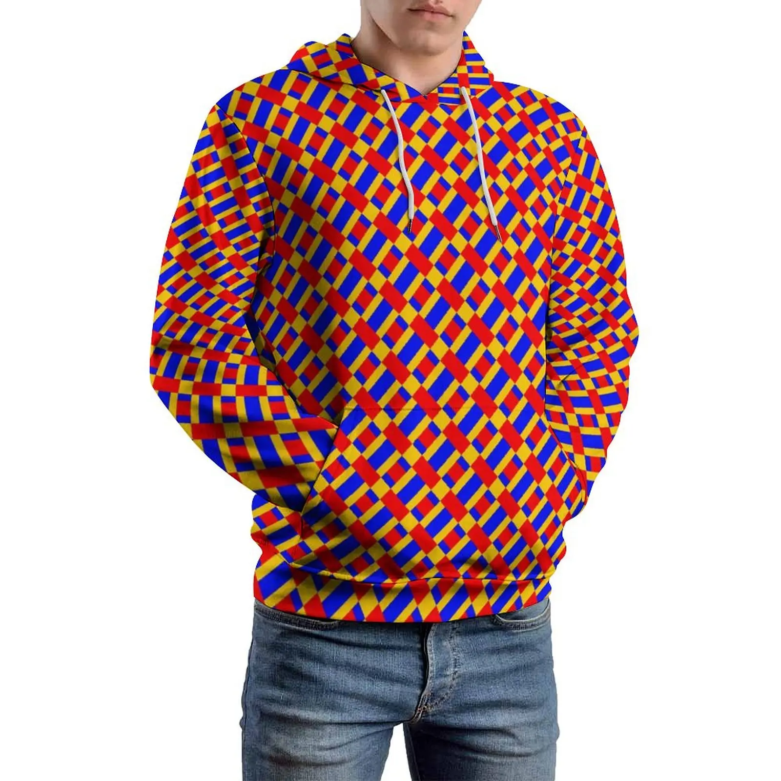 Patchwork Print Loose Hoodies Blue Yellow And Red Aesthetic Pullover Hoodie Male Long Sleeve Oversize Classic Custom Clothing