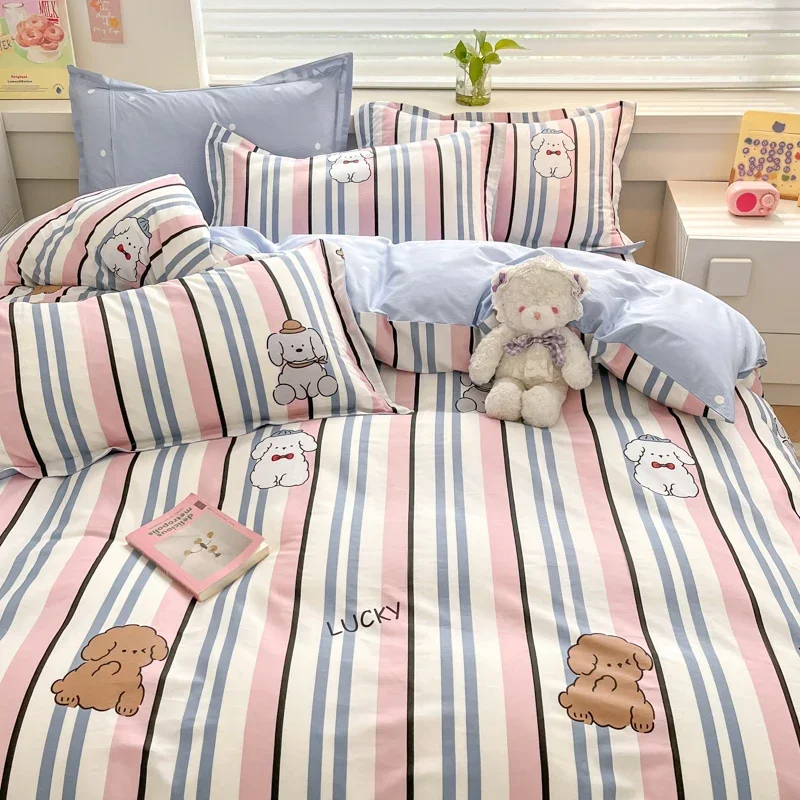 Cute Dog 100% Cotton Duvet Cover Set Cartoon Pet Puppy Bedding Color Striped Pattern Animal Comforter Cover for Kids Girls Teens