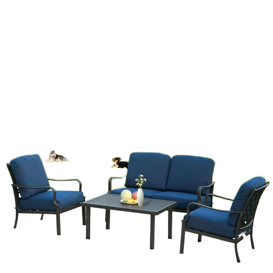 ！@Modern 4-Piece All-Weather Outdoor Patio Furniture Set Coffee Table Spring Coil Seat Cushions Deep Seating Sofa for Garden Use