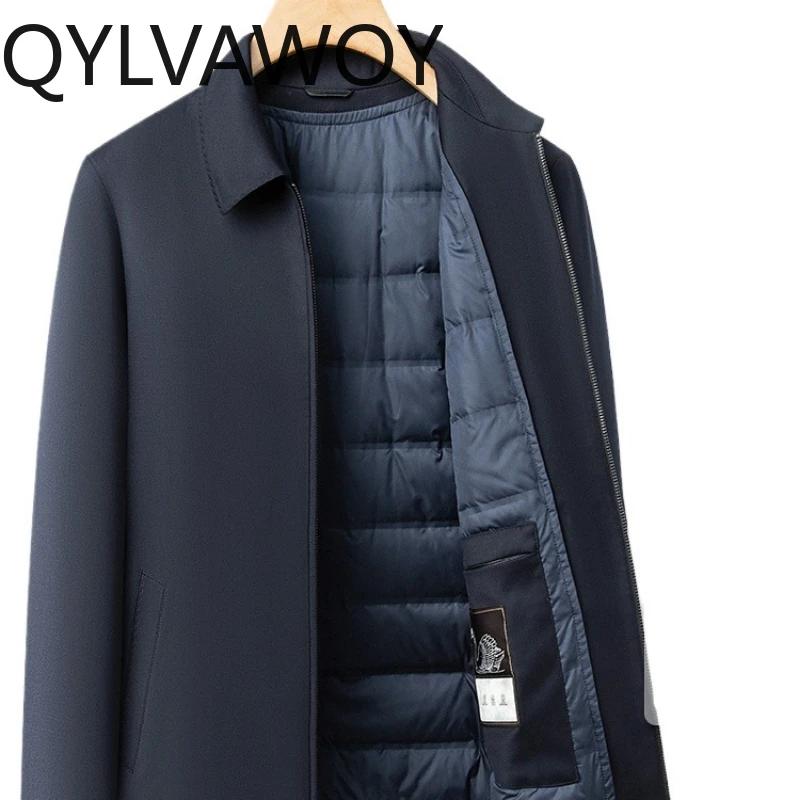 

QYLVAWOY Мужская куртка из тонкой смеси шерсти и шелка, высококачественная административная верхняя одежда для среднего возраста, стильное теплое пальто премиум-класса LJ2742