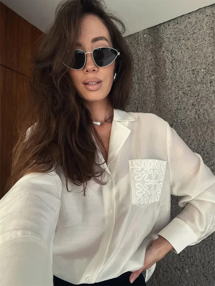 

Luxury Elegant Pocket Female Shirts Top Patchwork Long Sleeve V-Neck Suit Inner Blouse Top Women's Printed Autumn Blouses 2025