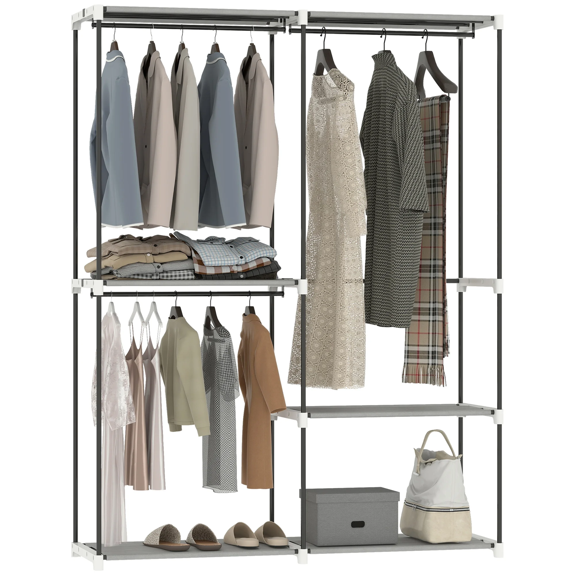 HOMCOM Armario de Ropa Armario Abierto con 4 Estantes de Tela 3 Barras para Colgar Marco de Metal 142x43x185 cm