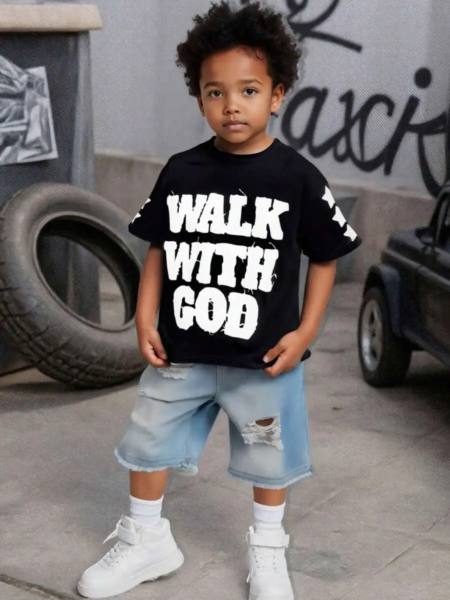 

Black Loose Fit Graphic Tee for Toddler Boys, Street Style Short Sleeve Crew Neck T-Shirt