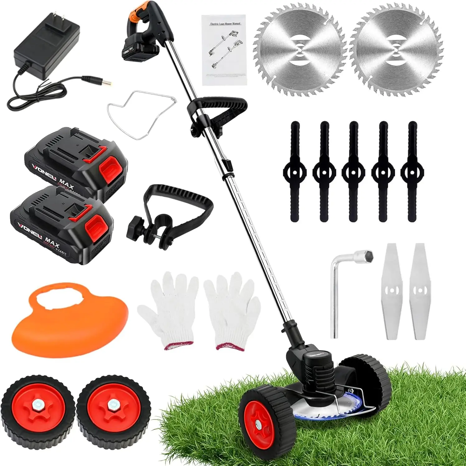 

Cordless 21V Electric Weed Trimmer with Wheels, 3-in-1 Brush Cutter & Lawn Mower, Includes 2 Batteries & Charger for Garden Yard