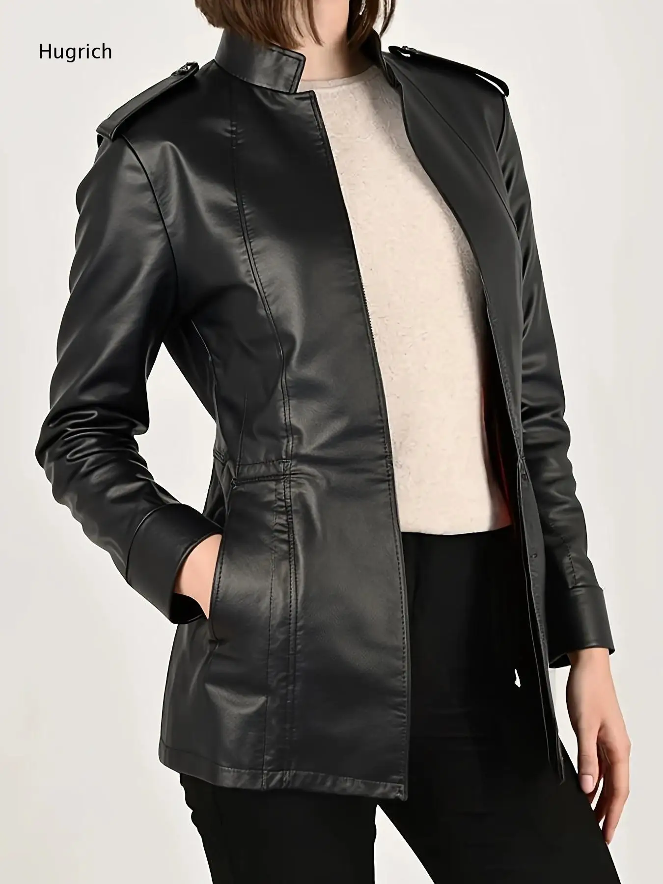 Slim Waist Epaulet Faux Leather Jacket Solid Black Stand Collar Long Sleeve Zip Up Dual Pocket Women Casual Coat