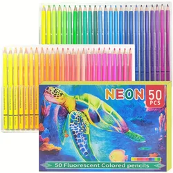 50 Neon Colored Pencils for Coloring Books, Fluorescent colored Professional Drawing pencils Set Art Supplies Kit, Soft Core