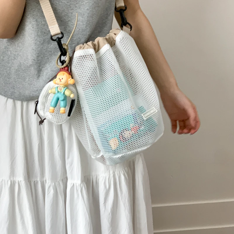 

Korean Style Drawstring Bucket Bag With Coin Purse Pendant Mesh Shoulder Bag Solid Color Mobile Phone Bag