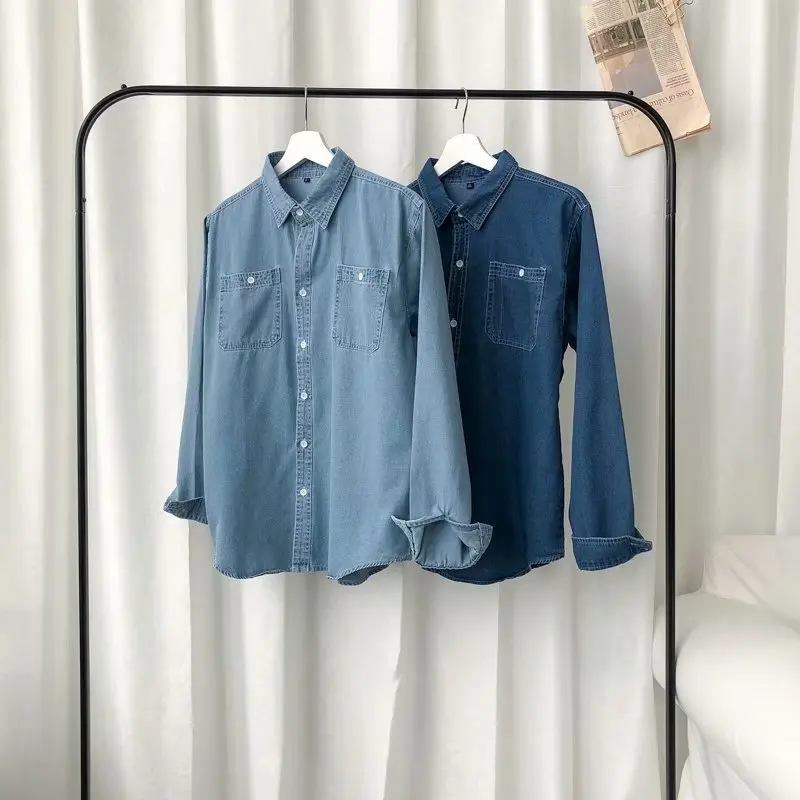 M-4XL BF Style Women Denim Shirts Long Sleeve Turn Down Collar Solid Jean Blouses Spring Autumn Couple Casual Loose Cardigans