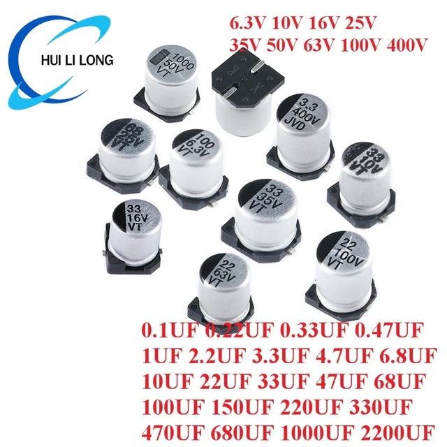 50szt SMD Aluminiowy kondensator elektrolityczny 6.3V 10V 16V 25V 35V 50V 63V 100V 400V 1UF 4.7UF 10UF 47UF 100UF 470UF 680UF 1000UF