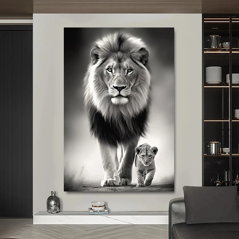 Black and White Animal Art Lion and Cub Poster Printing, Modern Wall Art Canvas Painting for Living Room Home Decoration