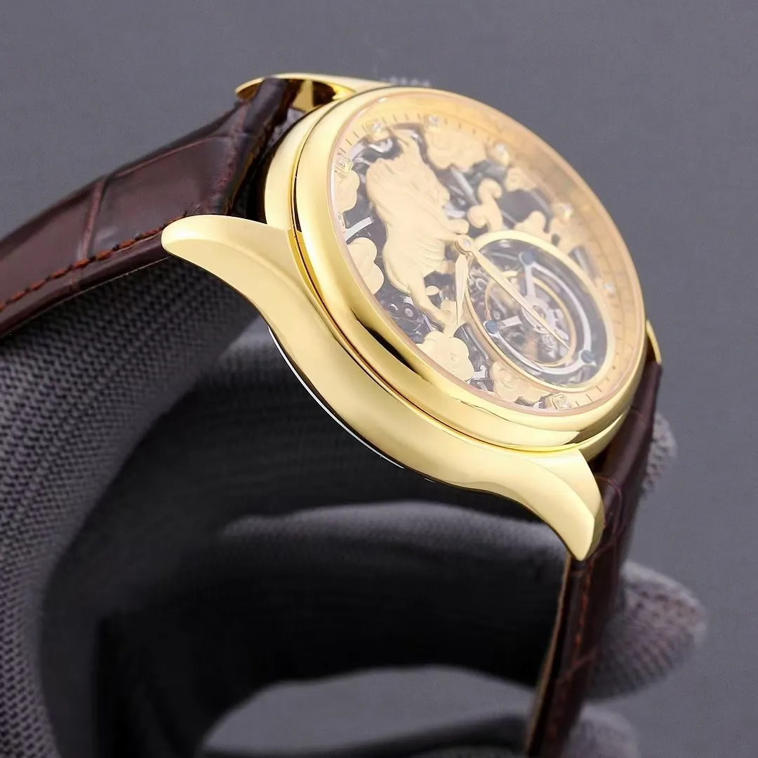 SEAKOSS 42mm orologi Tourbillon da uomo in vera pelle meccanico impermeabile a mano orologio da polso a vento di fascia alta scheletro dorato mucca