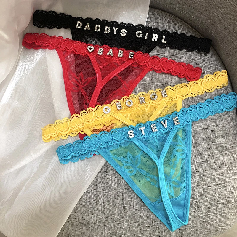 Custom Thong Name Crystal Letter Sexy Women Underwear Customized personalised G-String Panties tanga Hot Girl Wife Gift