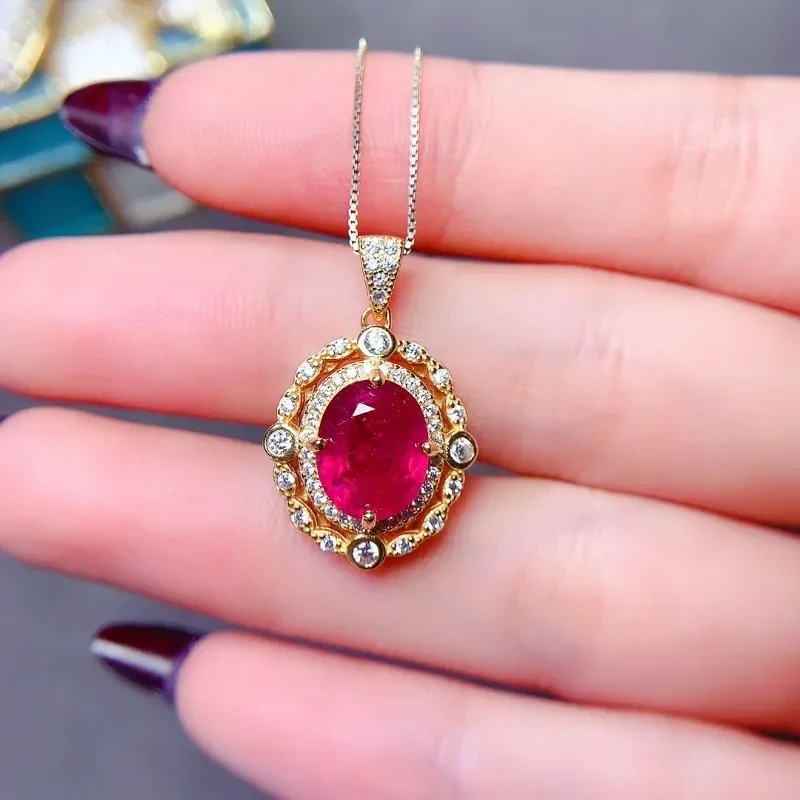 Cute Small 925 Silver Pendant 8x10mm Natural Ruby Pendant Allergy Free 18K Gold Plated Silver 925 Jewelry