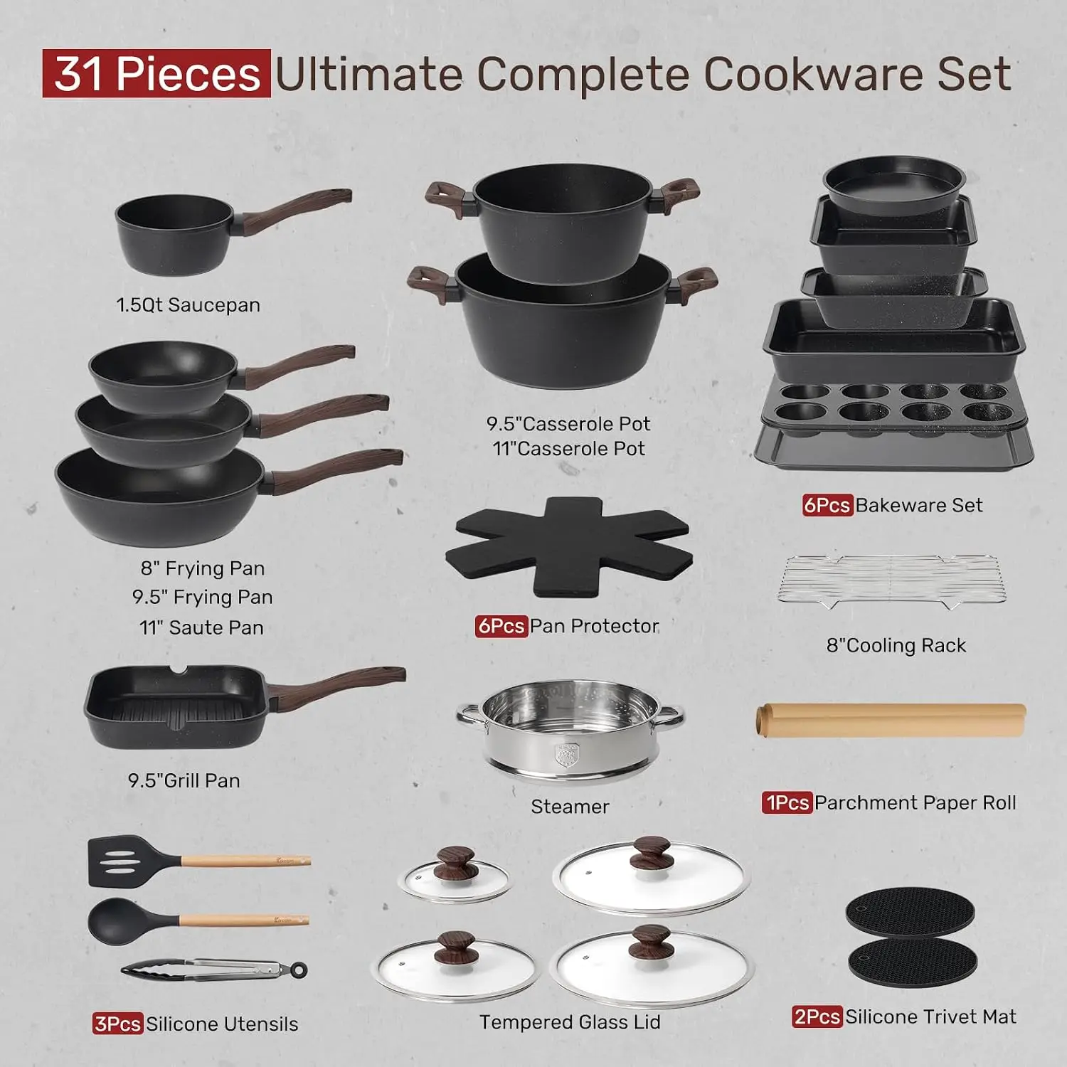 Pots Pans Set Non Stick 31 Piece Kitchen Nonstick Cooking Cookware Sets Grill Pan Saucepan Baking Sheet Utensil Black