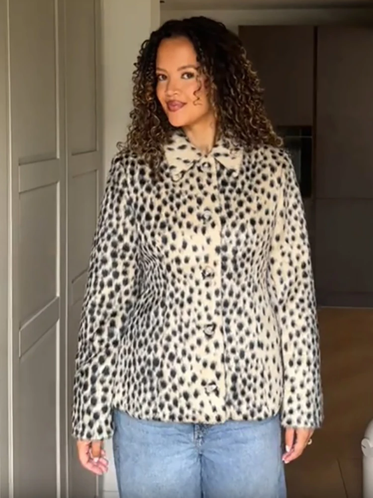 Chic Faux Fur Leopard Print Jacket Lapel Collar Single Breasted Button Front Waist Cinched Coat Women Retro Daily Street Wear