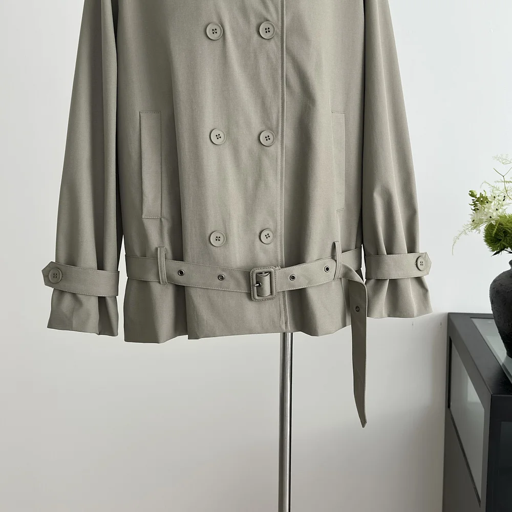 KWTX 2025 Women’s Short Trench Coat Stand Collar Double-Breasted Belted Solid Color Casual Fall Winter Premium Quality Pockets