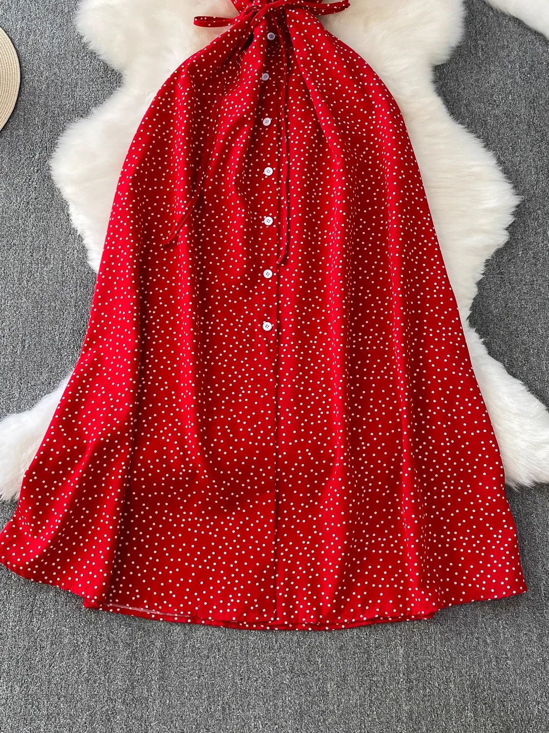 Summer Women Polka Dot Long Dress Vintage V-Neck Flying Sleeve High Waist Single Breasted A-Line Casual Vestidos Female Robe New image 6
